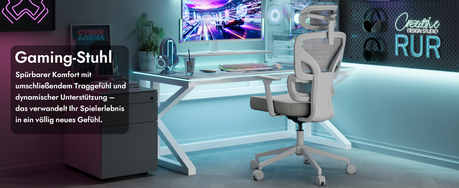 Ергономічне крісло для офісу та геймінгу з регульованою підголівником та 3D підлокітниками, підтримкою попереку, сіре