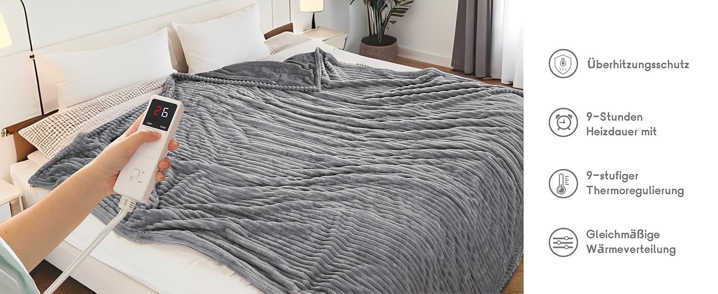 Електрична ковдра з автовимкненням 130x180 см – 9 рівнів нагріву, таймер, захист від перегріву, чорна