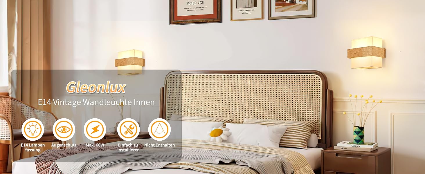Настінний світильник Gleonlux Wandleuchte Holz, Внутрішнє освітлення в стилі ретро, Boho, Industrial, для дому, сходи, вітальня, спальня, коридор, матеріал: дерево, тканина, цоколь E14, розмір 22.5x13x20 см
