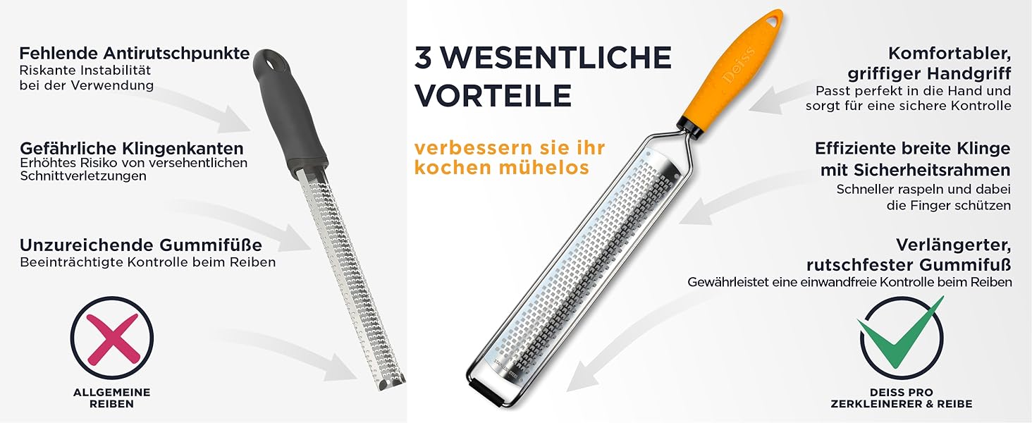 Терезка для сиру Deiss PRO: пармезан, лимон, імбир, часник, мускатний горіх, шоколад, овочі, фрукти. Ракільна сталева клинка, широка, придатна для миття в посудомийній машині