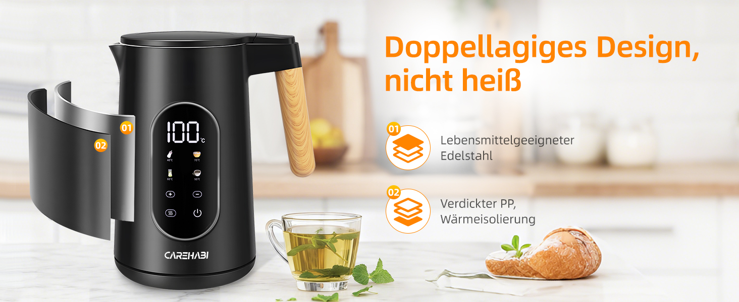 Електричний чайник Carehabi з регулюванням температури, 1.7 л, нержавіюча сталь, чорний, 40°C-100°C, 2200W, LED дисплей, подвійні стінки, функція підтримки тепла