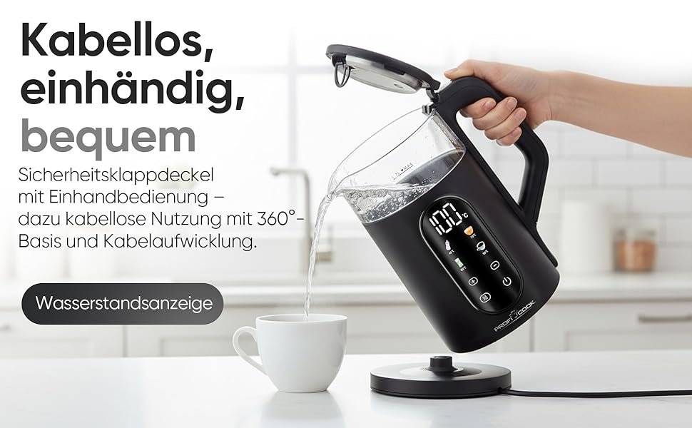 Скляний електрочайник ProfiCook PC WK 1328 G з регулюванням температури 40-100°C, 1.7л, 2200Вт, функція підігріву та швидкого старту
