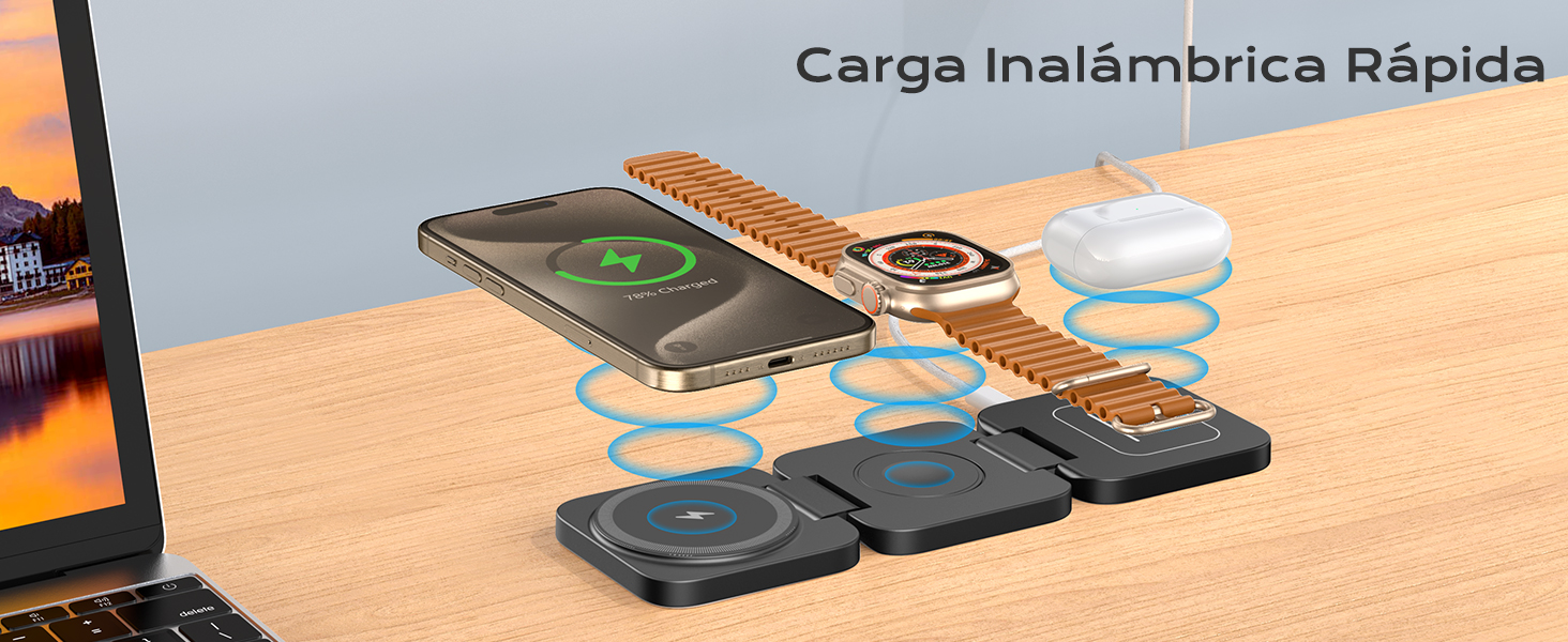 KU XIU Бездротова зарядна станція 3-в-1 MagSafe для iPhone 17/16/15/14/13/12, Apple Watch, AirPods. Складний зарядний пристрій для подорожей, чорний + адаптер