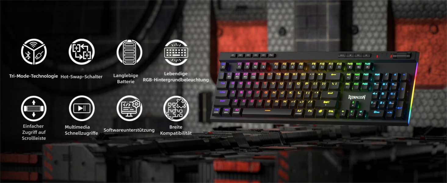 Redragon K580 PRO - Бездротова ігрова механічна клавіатура RGB з 104 клавішами, Hot-Swap, макро-запис та лінійними червоними перемикачами