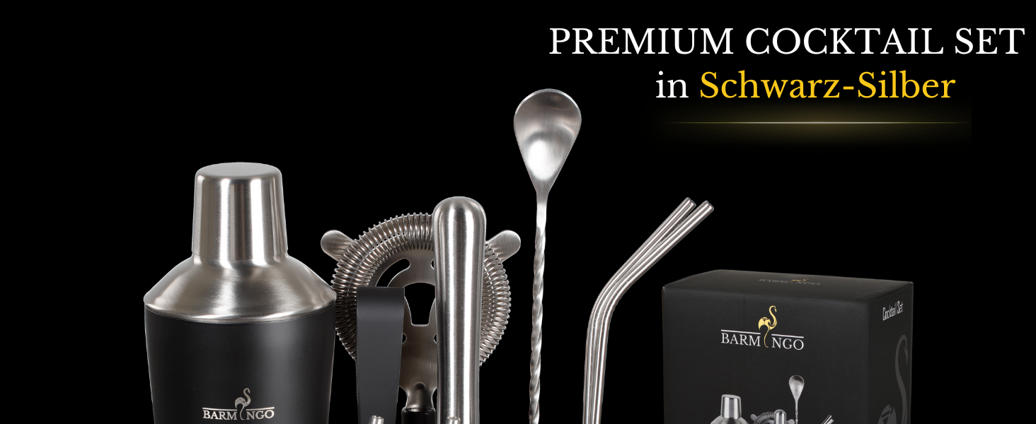 BARMINGO Stainless Steel Cocktail Set - 11 Piece Cocktail Shaker Set with Stand & Bar Accessories | Bartender Set | Cocktail Mixing Set | Bar Set | Gift Set | Black & Silver