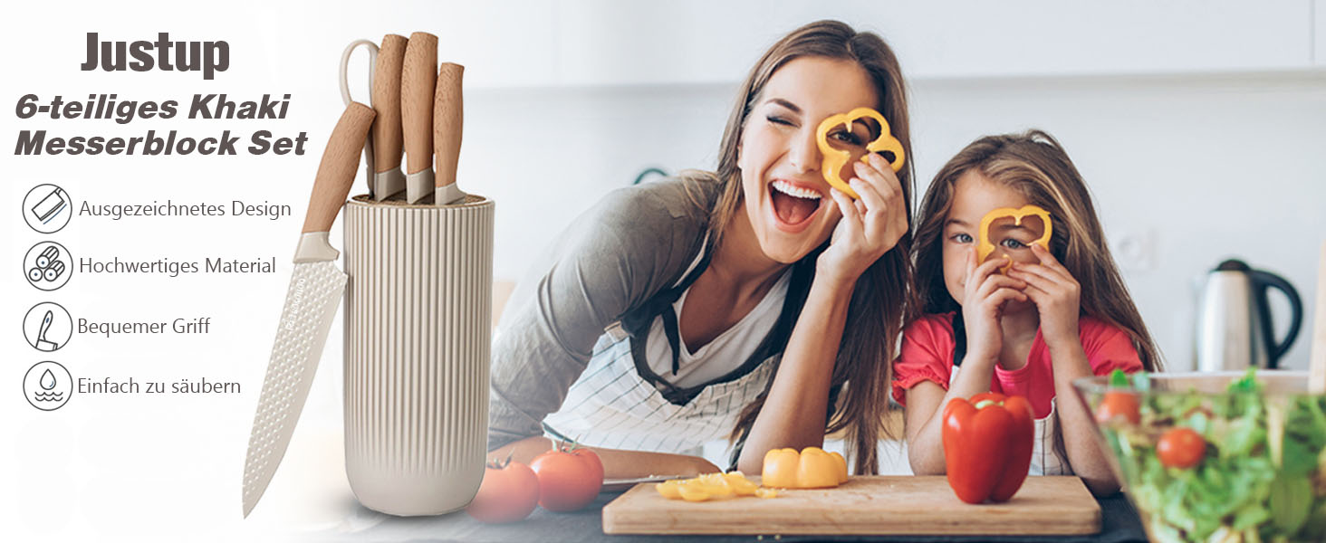 Набір ножів Messer Set, 6 предметів, хакі. Набір кухонних ножів з нержавіючої сталі з антипригарним покриттям та блоком для ножів. Підходить для дому, ресторану, пікніка.