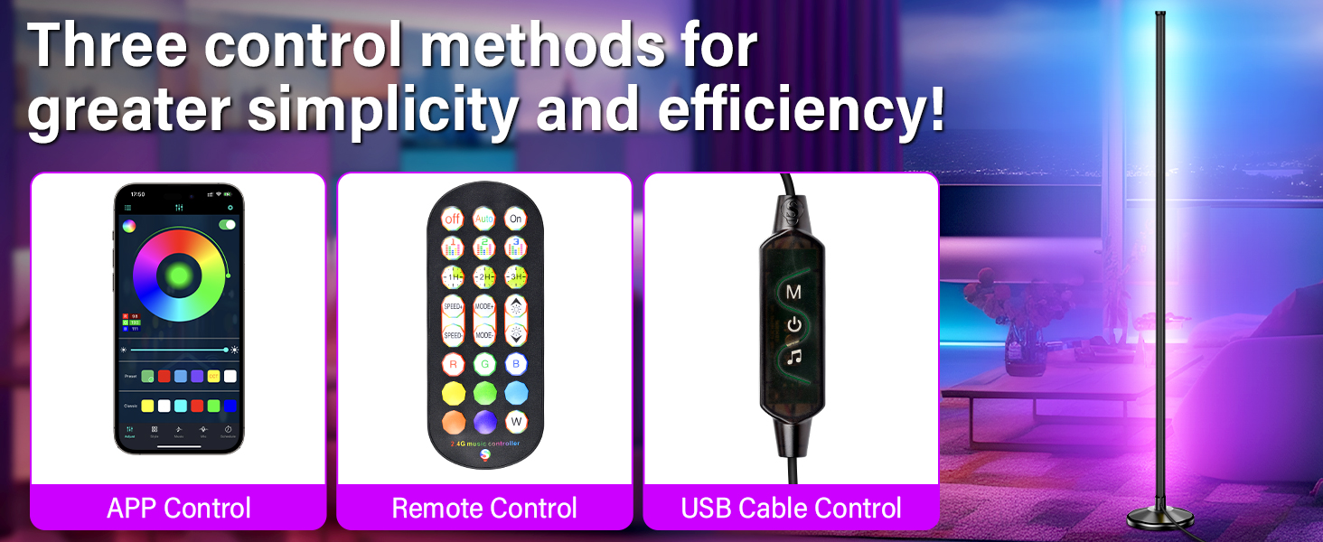 LED торшер для вітальні 145 см RGB, диммування, керування пультом/APP, 16 млн кольорів, 300 режимів, музичний режим, DIY, чорний