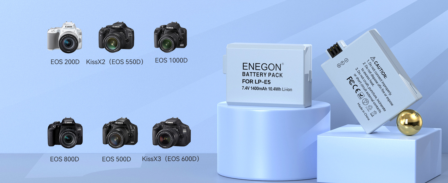 Запасні акумулятори ENEGON (2 шт) та швидке зарядне пристрій Dual для Canon LP-E5 (EOS Rebel XS, T1i, XSi, 1000D, 500D, 450D, Kiss X3, X2, F)