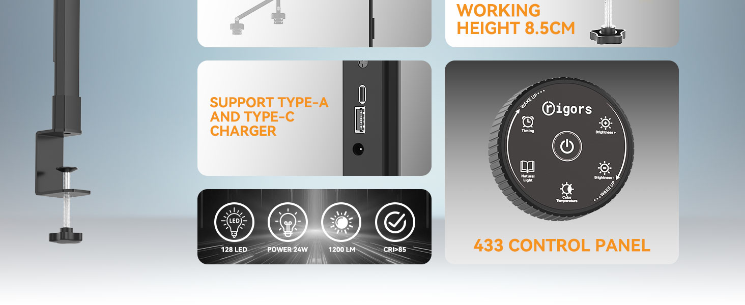 LED лампа для столу Rigors 60 см з двома головками, диммування, 900 лм, денне світло, захист очей, кріплення, 5 кольорів, 10 рівнів яскравості, гнучкий шийка 360°, з адаптером живлення (Th-black)