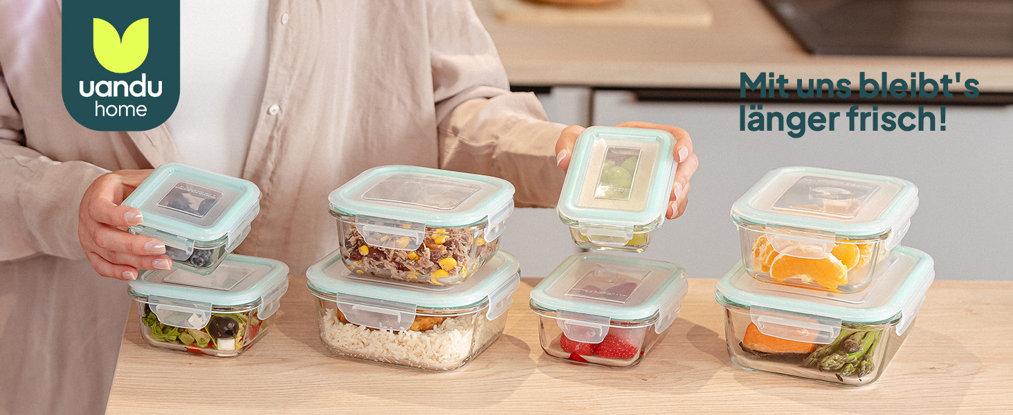 Набір скляних контейнерів Uandu з кришками 24 шт, Borosilicate glass, для зберігання їжі та Meal Prep, зелений колір