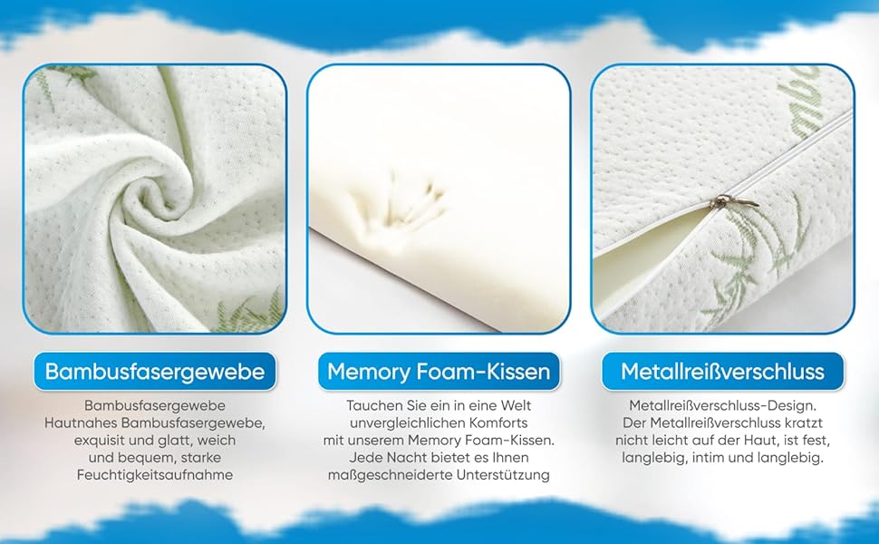 Ортопедична подушка з ефектом пам'яті (Memory Foam) з бамбуковим чохлом, ергономічна підтримка шиї для будь-якої пози сну, біла, 60x40x12/10 см