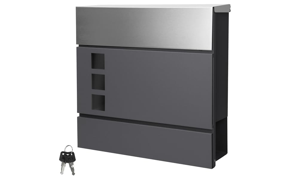 Поштова скринька настінна ECD Germany з газетницею, антрацит/срібло, 37x10.5x36.5 см, нержавіюча сталь, вікно огляду, 2 ключі, кріплення. Сучасний дизайн.