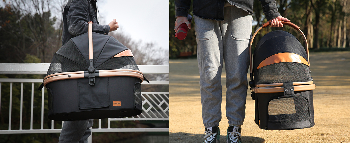 Візок для собак EchoSmile до 20 кг, 4-в-1, чорний. Складаний, з колесами, сітковими віконцями. Підходить для собак та котів середніх розмірів