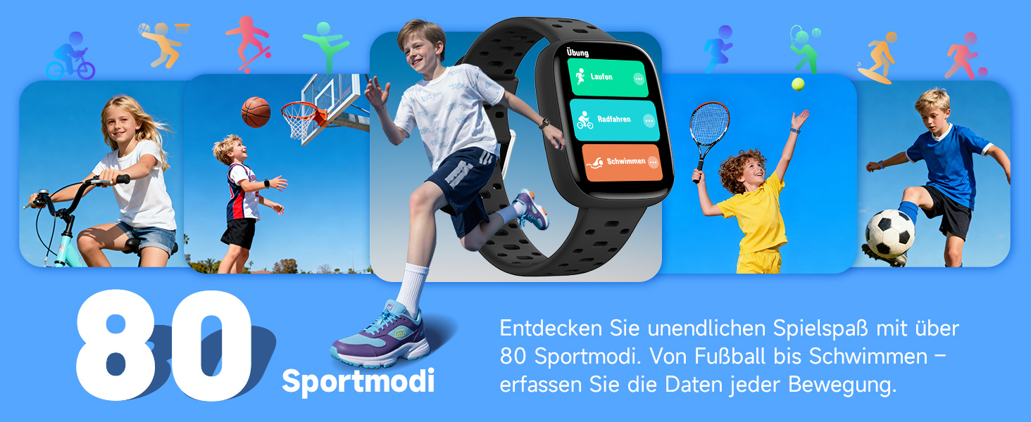 Смарт-годинник BIGGERFIVE для дітей з/без додатку, 1.8' фітнес-годинник, крокомір, пульсометр 24/7, будильник, водонепроникність 30м, монітор сну, пазли-ігри, 100+ циферблати для дівчаток, хлопчиків, підлітків 5–16, чорний