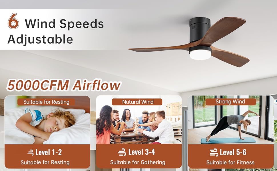 Стеляний вентилятор Sofucor з підсвічуванням, дистанційним керуванням, 3 лопатями з дерева, DC, таймер, 3 колірні температури, 6 швидкостей, режим літо/зима, з підсвічуванням та кріпленням Light+Flush, темне дерево