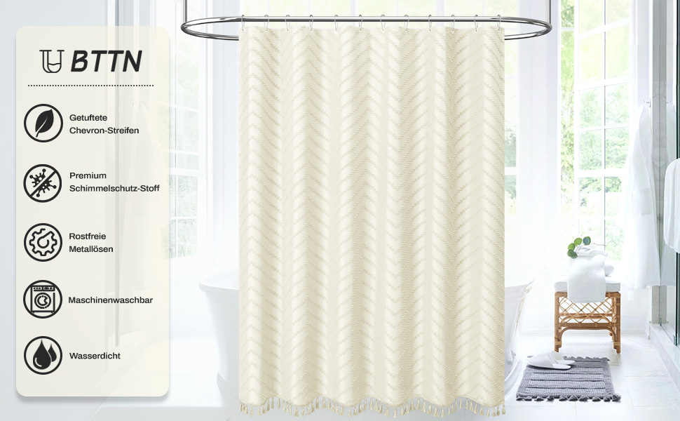 Штора для душу BTTN 180x180 см, бежева бохо, з китицями, водонепроникна, з гачками (1 шт)