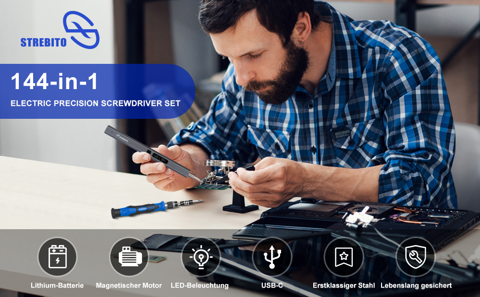 Міні-шуруповерт STREBITO, 144 шт. Прецизійний набір інструментів для ремонту електроніки (PC, Laptop, Телефон, Дрон)