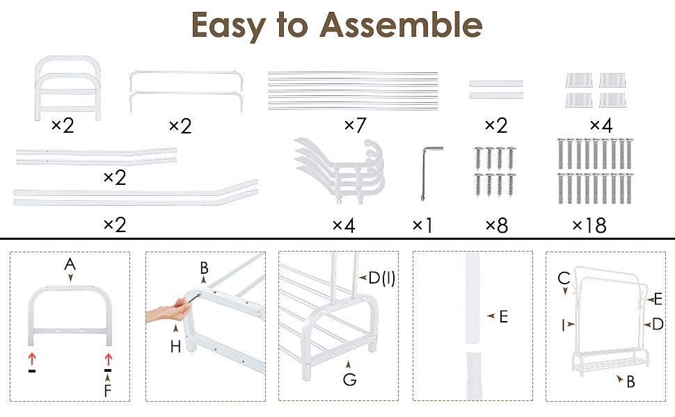 Стійка для одягу на підлозі з металу з полицею для взуття та нижньою полицею, для спальні. Металева стійка для одягу з подвійними вішалками (біла)