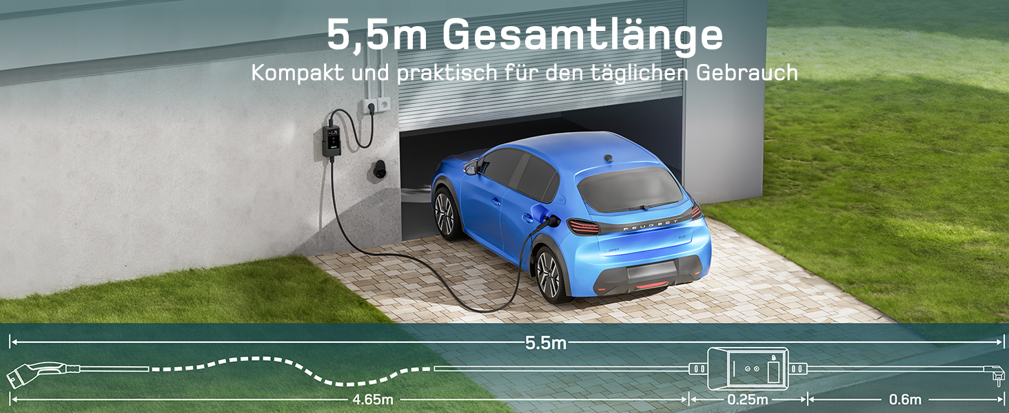 Кабель для зарядки електромобіля Type 2 Schuko 3,7kW (6-16A, 1-фазний) з LCD-дисплеєм, 5,5м, чорний