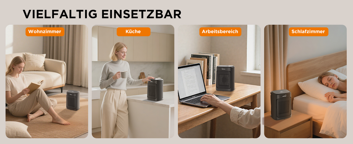 Електричний обігрівач Midea Ceramic 2000W з термостатом, 3 режими, таймер 24г, захист від перегріву та перекидання, миттєве тепло для офісу та спальні, 22 см, чорний