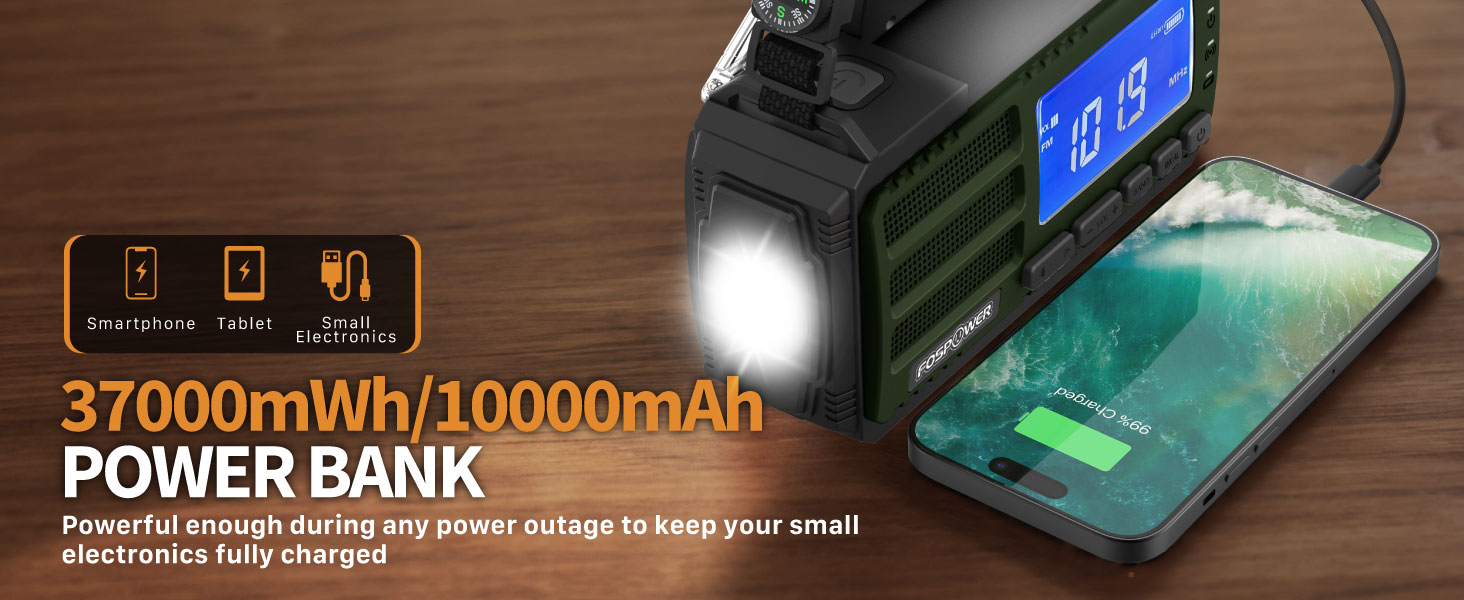 Радіоприймач FosPower NOAA/AM/FM з Power Bank 19240mAh (5200mAh) - Сонячна/USB зарядка, ручний генератор, SOS-сигнал, ліхтарик, помаранчевий (D8)
