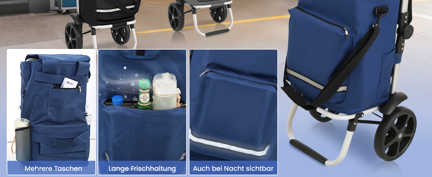 Складаний візок для покупок Sekey 60L з кулерним та відділенням для напоїв, 3-в-1, з регульованою ручкою, для покупок та кемпінгу, чорний