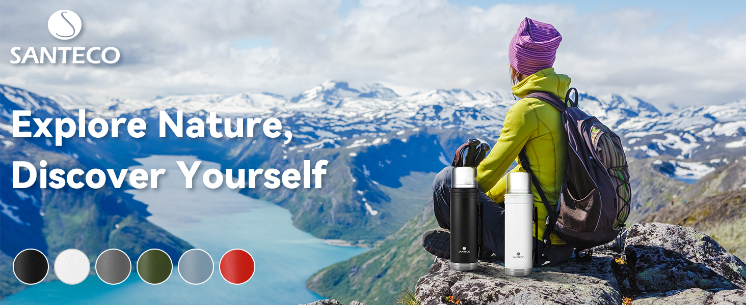 SANTECO 1L Stainless Steel Thermos Flask with Cup - Insulated Leakproof Travel Thermos for Hot & Cold Coffee & Tea - BPA Free