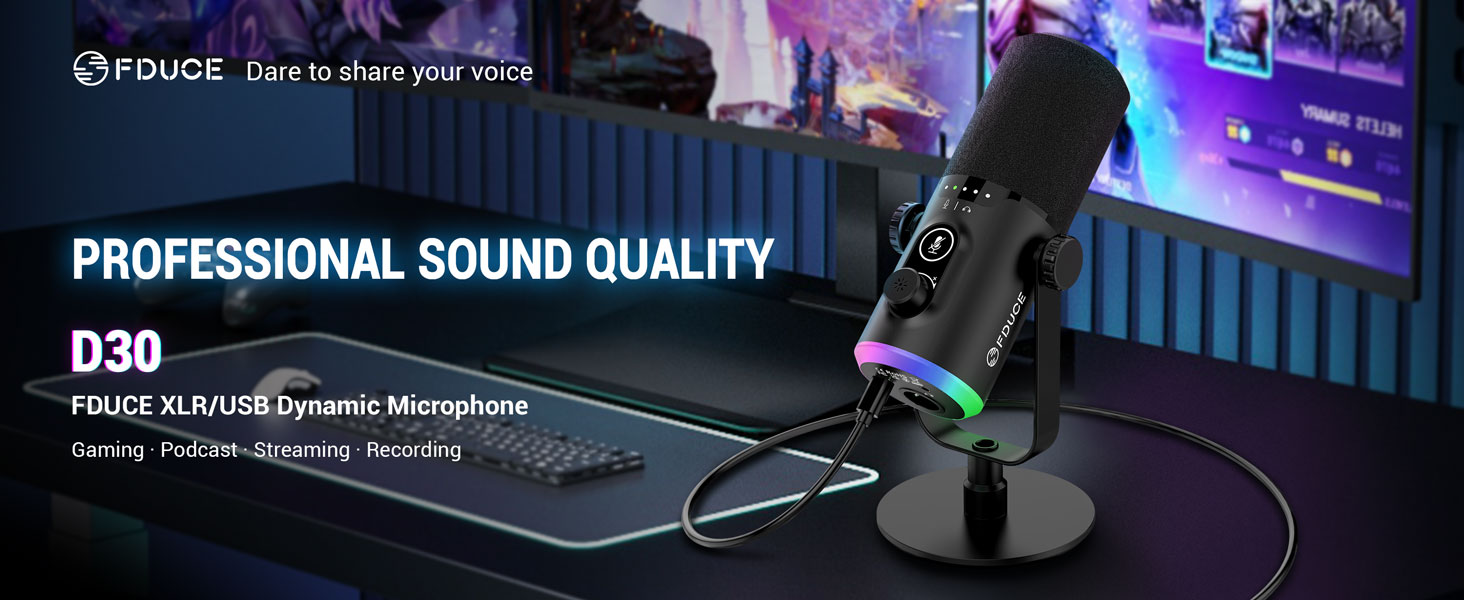 USB/XLR мікрофон для геймінгу та запису FDUCE з RGB-підсвічуванням, регулятором посилення та кріпленням на підставці (D30)