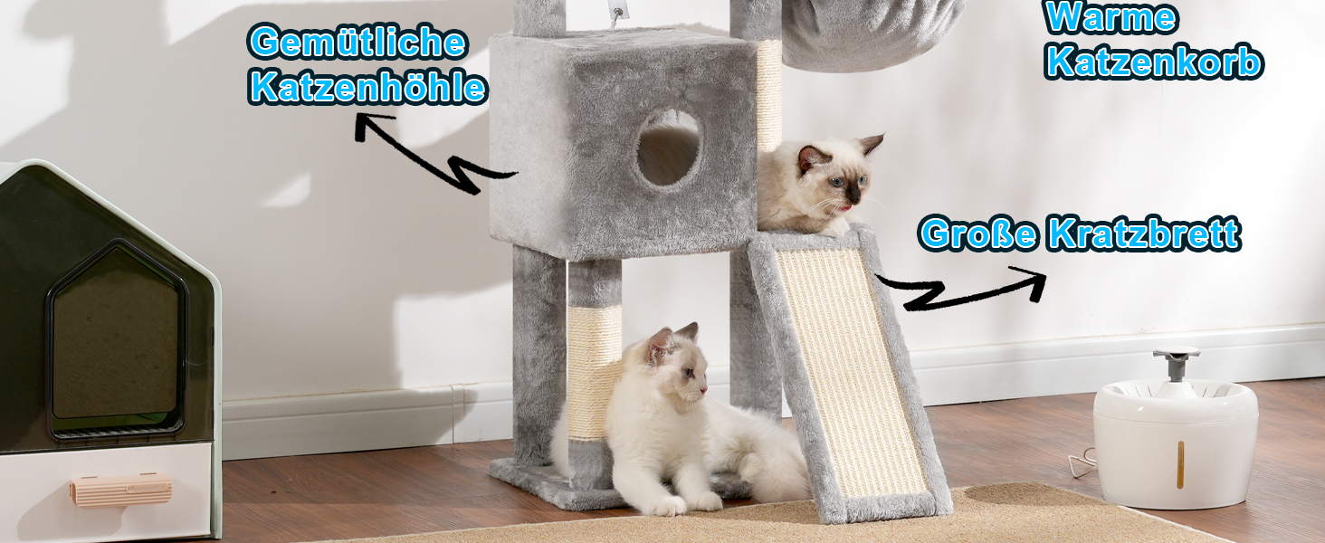 Котячий будиночок Hey-brother Kratzbaum 108 см, багатоярусний котячий комплекс з когтеточками, рампою, гніздечком та іграшками, сірий MPJ007SW