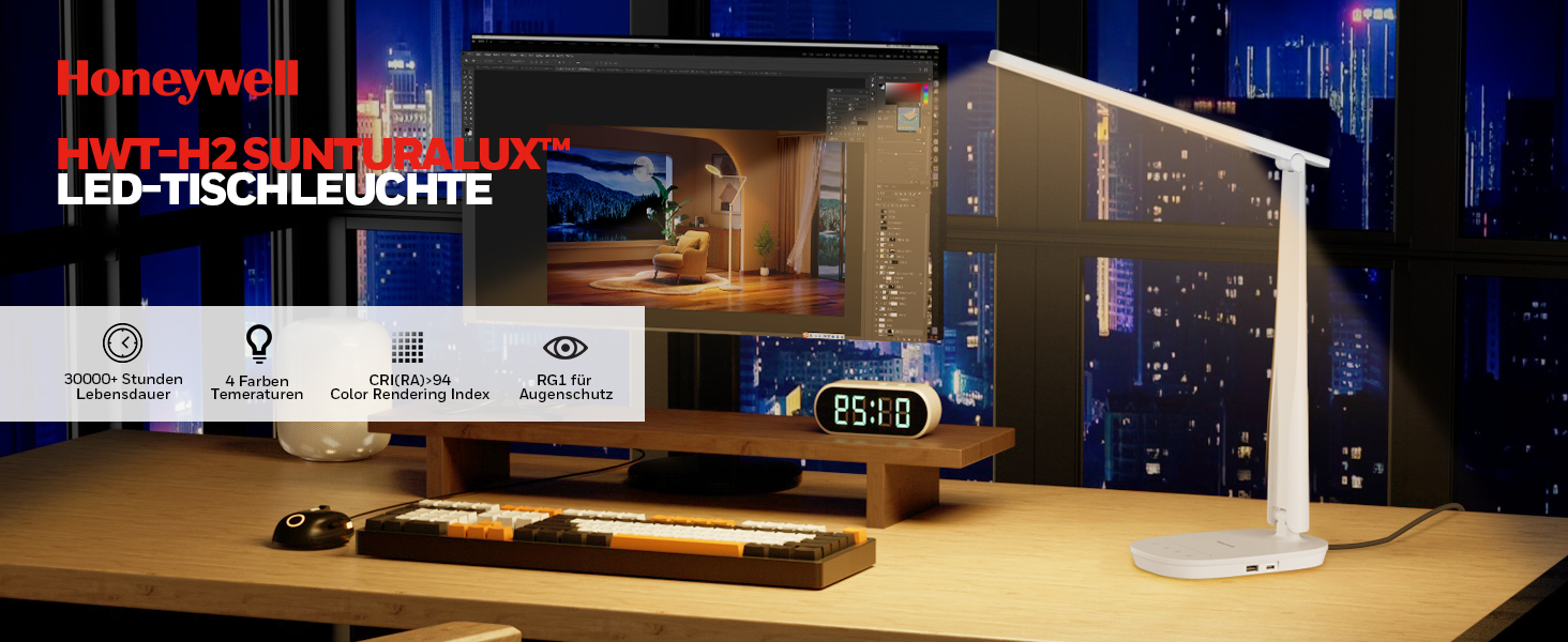 Лампа настільна Honeywell Sunturalux™ H2 LED з регулюванням яскравості, USB-зарядка, сенсорне керування, 4 кольори, захист очей, для дітей, спальні, читання, офісу