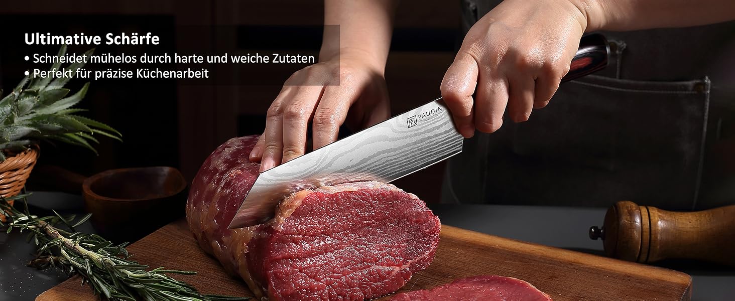 Японський ніж Santoku від Paudin, 20 см, Kiritsuke, з високоякісної сталі, ергономічна ручка, для м'яса, риби та овочів