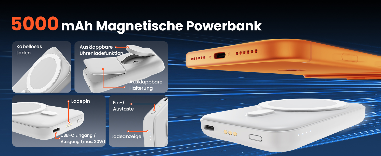 GEEKERA 3-в-1 Магнітна бездротова зарядка Powerbank 5000mAh: для iPhone 17/16/15/12, Apple Watch, AirPods, Samsung Galaxy (Білий)