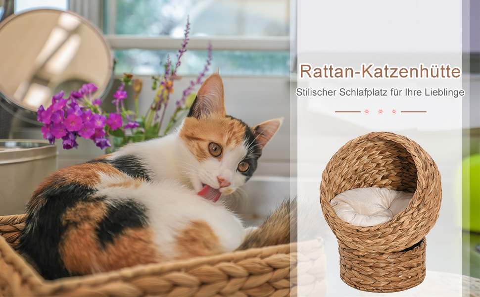 PawHut Rattan Cat Basket Cat Cave Cat House Cat Bed with Cushion Pet Bed Water Hyacinth Brown 50 x 42 x 60 cm