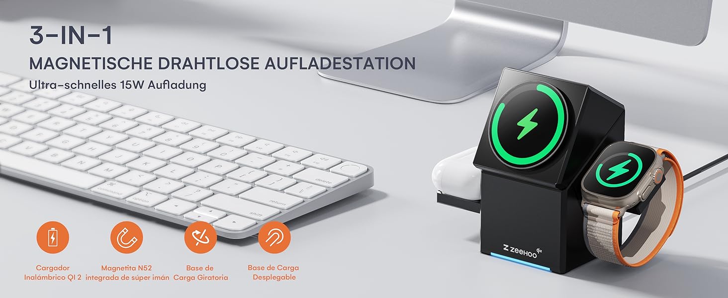 ZEEHOO Зарядна станція 3 в 1 для Apple MagSafe, iPhone 16/15/14/13/12, Apple Watch та AirPods (30W USB-C), Чорний