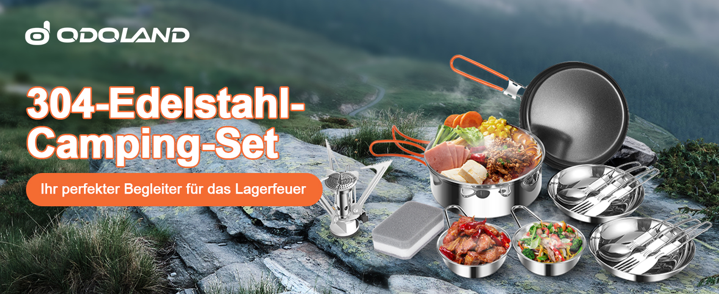 Набір посуду для кемпінгу Odoland: каструля, сковорода, тарілки, миски, столові прибори (15 предметів) з нержавіючої сталі з антипригарним покриттям. Ідеально для кемпінгу, пікніків, трекінгу та подорожей на 2 особи