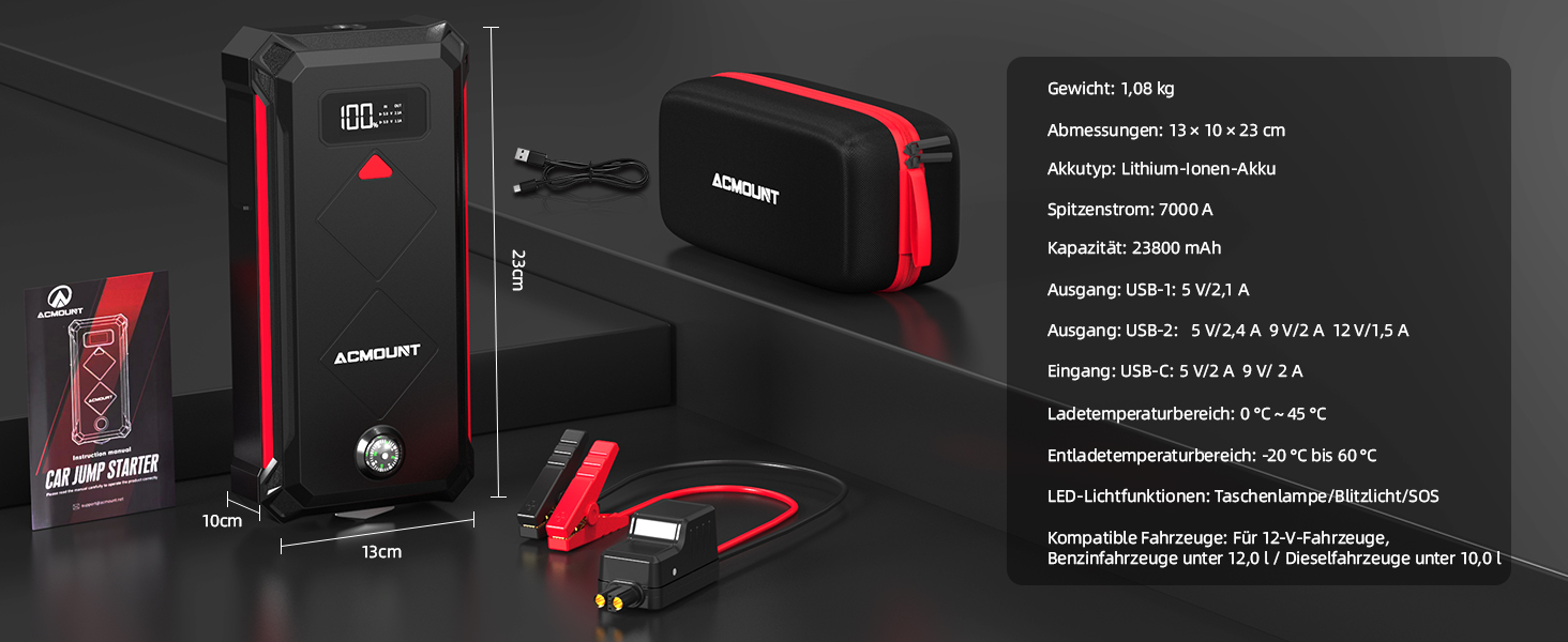 Бустер для автомобіля 7000А Powerbank для запуску двигуна 12В (до 12л бензин/10л дизель) з ліхтариком, кабелями, компасом та аварійним молотком, колір червоний