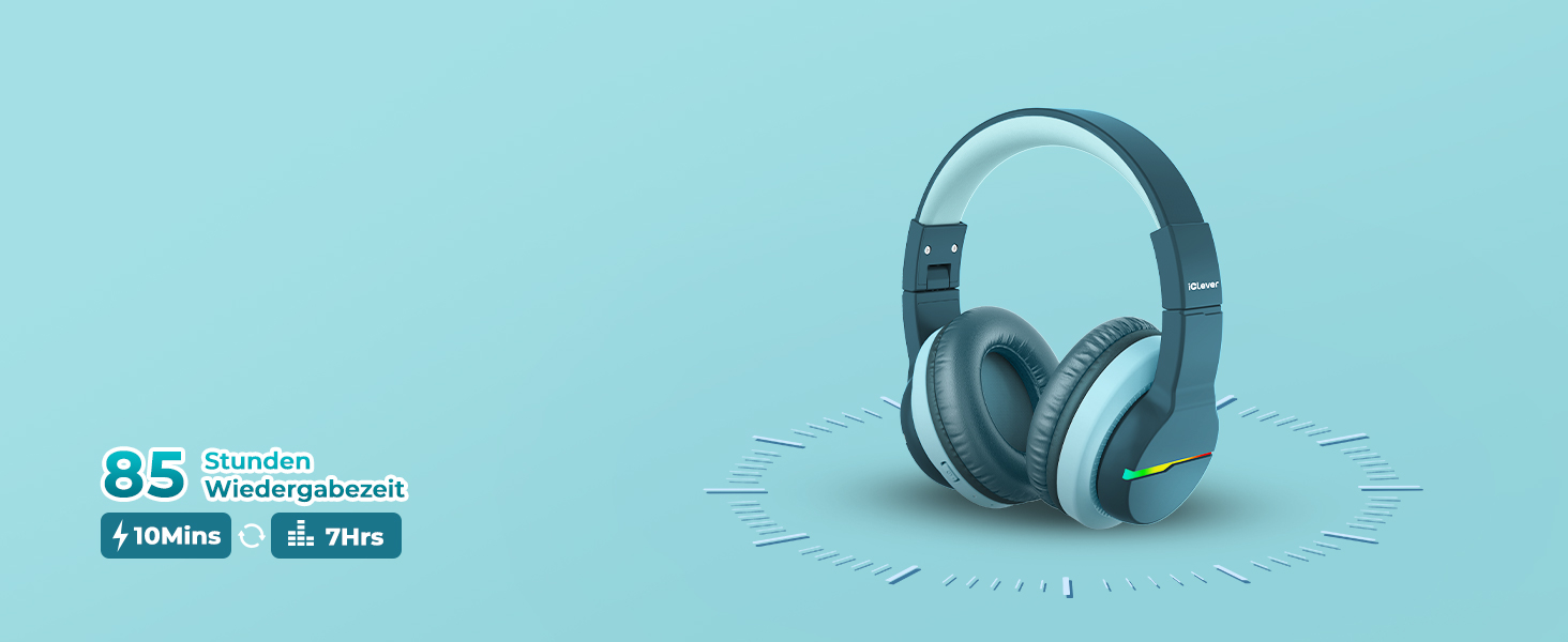 iClever навушники Bluetooth для дітей з LED-підсвіткою, Over-Ear, обмеження гучності 74/85dBA, 85 годин роботи, Bluetooth 5.2, мікрофон, BTH12, зелені