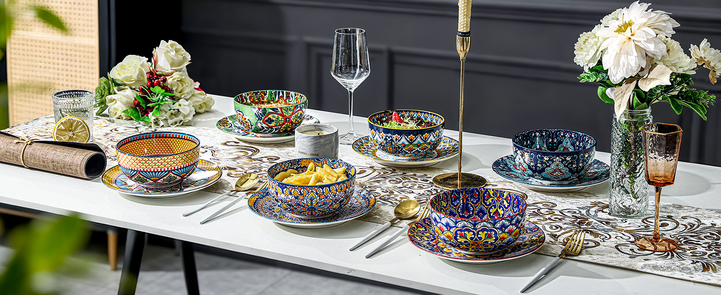 HENXFEN Набір з 6 порцелянових мисок для мюслі, супу, салату, 850 мл. Богемний квітковий дизайн, 6 кольорів