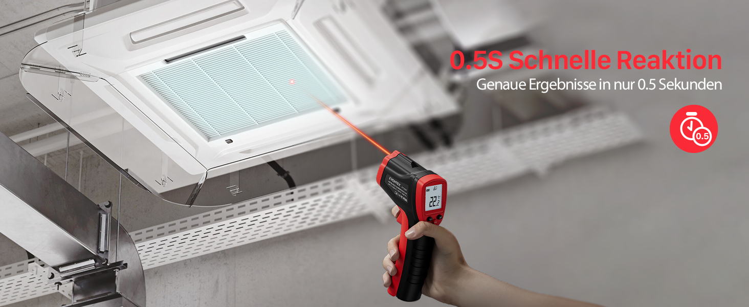 Інфрачервоний термометр Eventek -50°C до 600°C з лазером та LCD дисплеєм. Безконтактний термометр для піци, гриля, кухні та промисловості. Регульований коефіцієнт випромінювання (Не для людей). Червоний, діапазон -50°C ~ 500°C