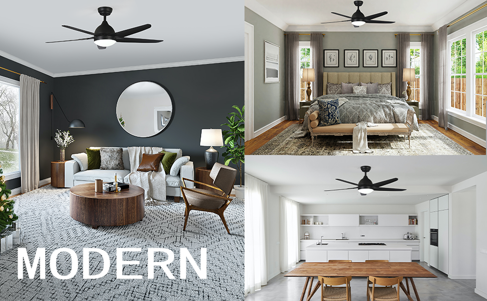 Стеляний вентилятор FINXIN з LED-лампою 132/122 см для спальні, вітальні, їдальні. Включає мотор, пульт керування (5 лопатей, чорний)