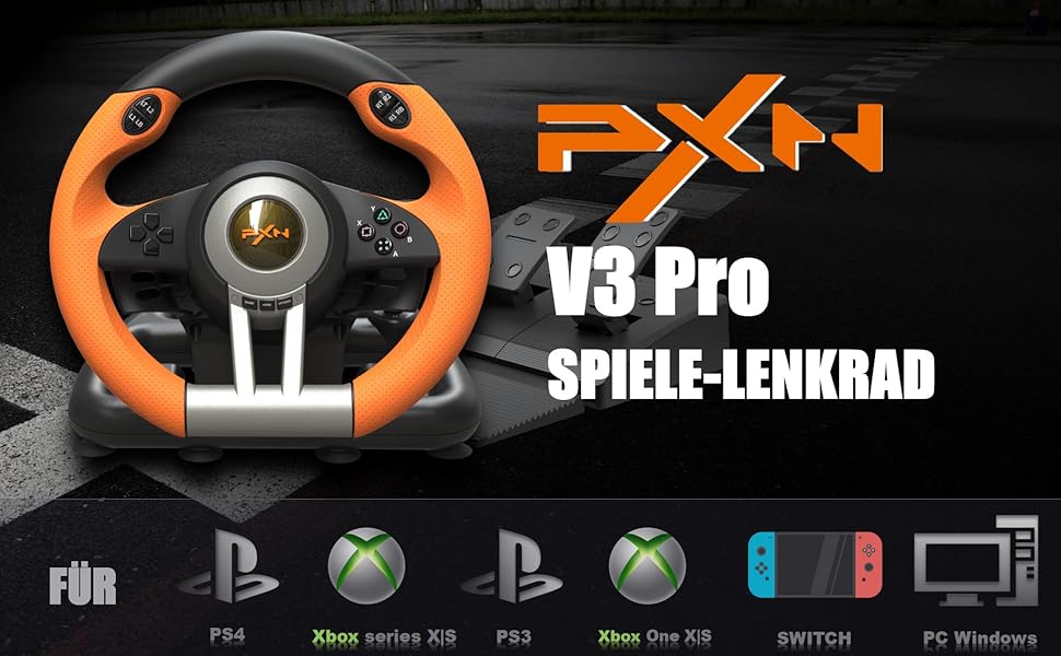 PXN V3 Pro - Геймерське кермо з педалями, 180°, вібрація, перемикач передач, paddle shift, для PC, PS4, PS3, Xbox, N Switch (Orange)