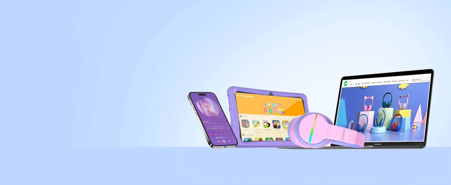 iClever Бездротові навушники для дітей 2 шт. з LED-підсвічуванням, Over-Ear, обмеження гучності 74/85 дБ, 85 годин роботи, Bluetooth 5.2, мікрофон, чорний/рожевий