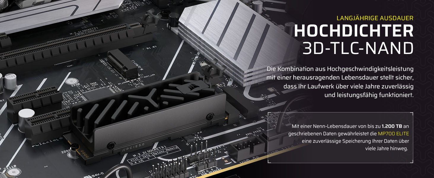 SSD Corsair MP700 Elite 1TB PCIe 5.0 NVMe M.2 - Швидкість до 10000 МБ/с, 3D TLC NAND, DirectStorage, з Heatspreader, чорний