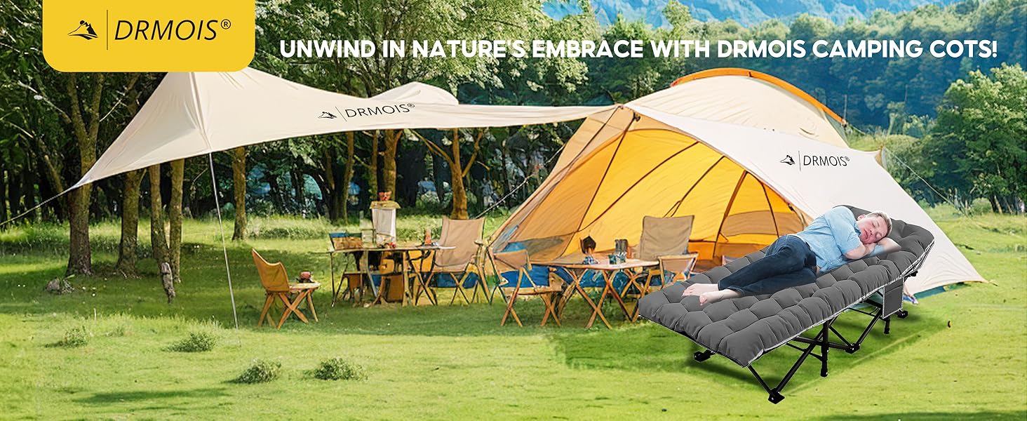 Розкладне ліжко для кемпінгу DRMOIS: велике (XXL), 81 см, вантажопідйомність 400 кг, з ізольованим килимком, сіре