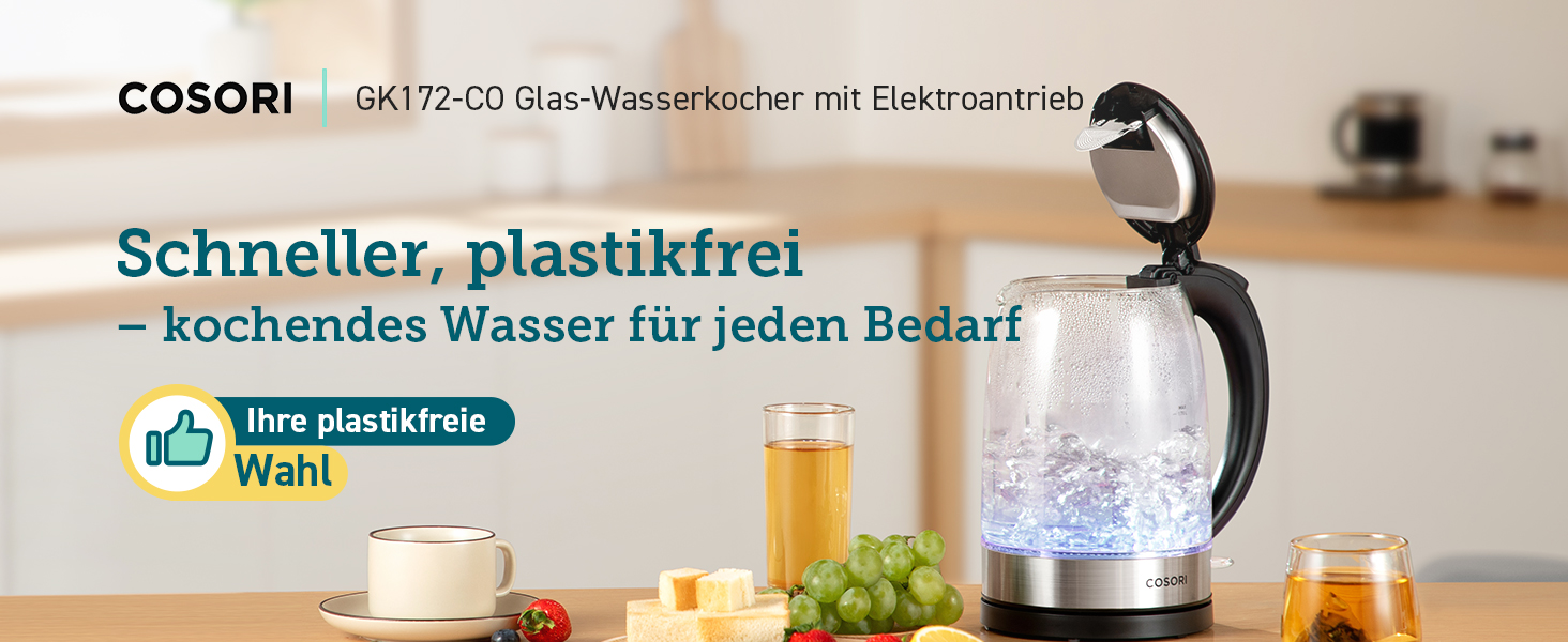 COSORI Glass Kettle, 1.7 Liter, Blue LED, BPA-Free, 2200 Watt, 5-Minute Boil Time, Overheat Protection, 360° Swivel, Kettle made of Borosilicate Glass with Stainless Steel Bottom and Filter