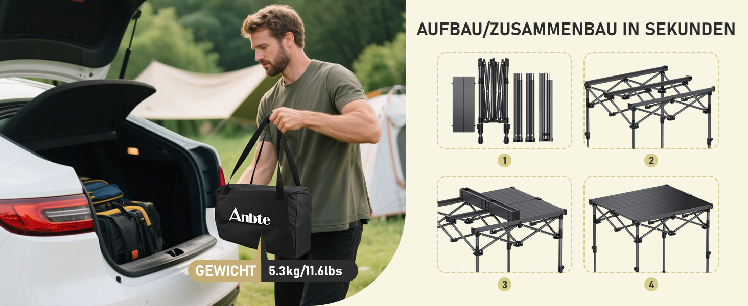 Складний алюмінієвий стіл для кемпінгу Anbte 67x58 см, регульована висота (44/70 см), вантажопідйомність до 150 кг, з сумкою для зберігання
