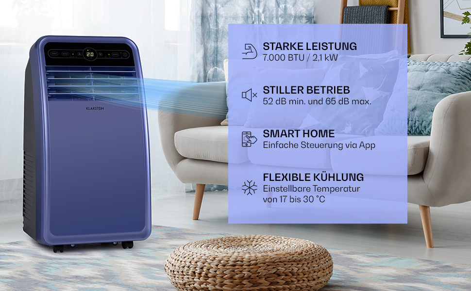 Мобільний кондиціонер Klarstein з випускним шлангом, 4-в-1: кондиціонер, вентилятор, осушувач повітря та нічний режим, компактний та портативний для дому та офісу, низьке енергоспоживання, 7000 BTU, білий (7000 BTU, блакитний)