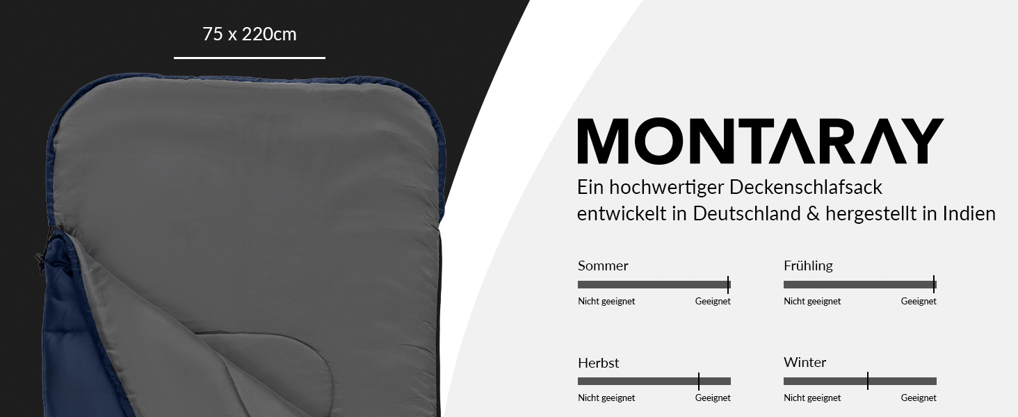 Montaray® Hooded Sleeping Bag -3°C - Outdoor Winter & Summer Sleeping Bag for Hiking, Camping & Hut Use - Warm Sleeping Bag for Men & Women (Blue, 280GSM, 75 x 220cm)