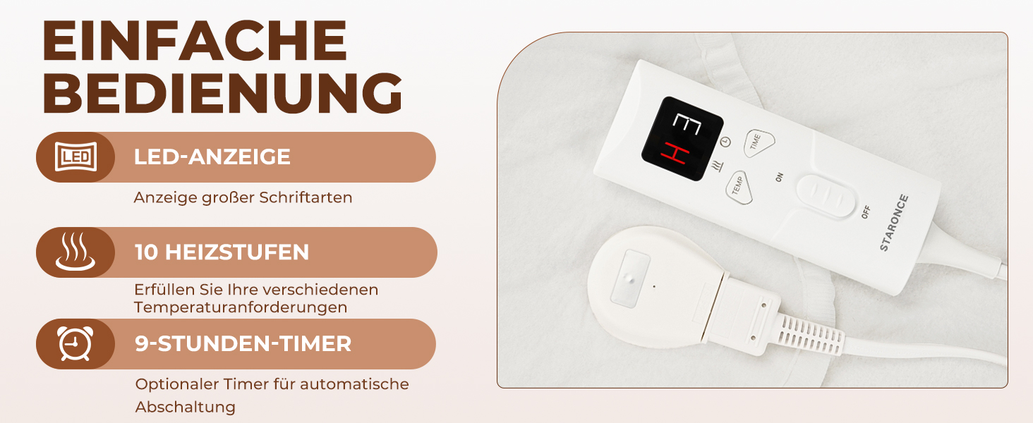 Електрична ковдра StarOnce 160x140 см для двоспального ліжка - тепла ковдра з 10 рівнями нагріву, автовимкненням, 2 пультами дистанційного керування та захистом від перегріву - біла, можна прати в пральній машині