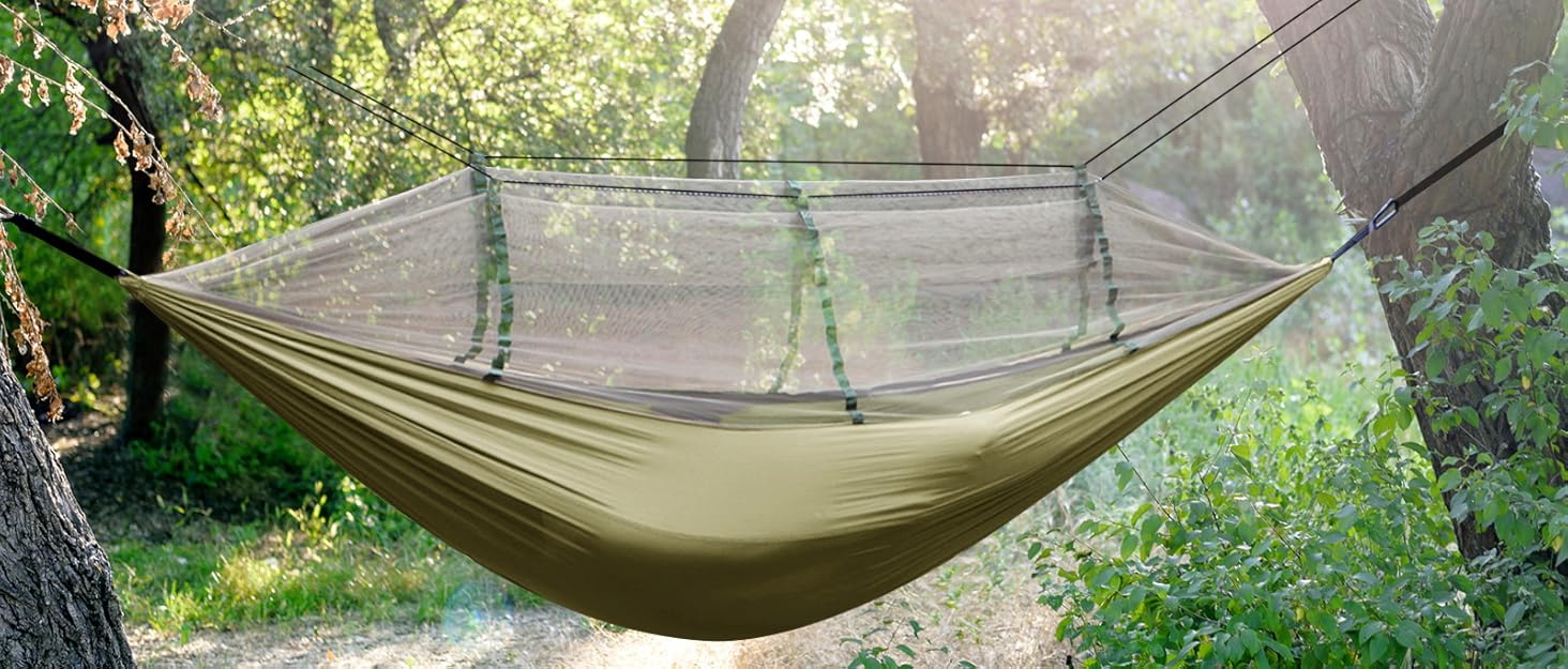 Ультралегка кемпінгова гамак NATUREFUN з москітною сіткою, нейлон, до 300 кг, дихаючий, швидковисихаючий, з 2 карабінами та стропами